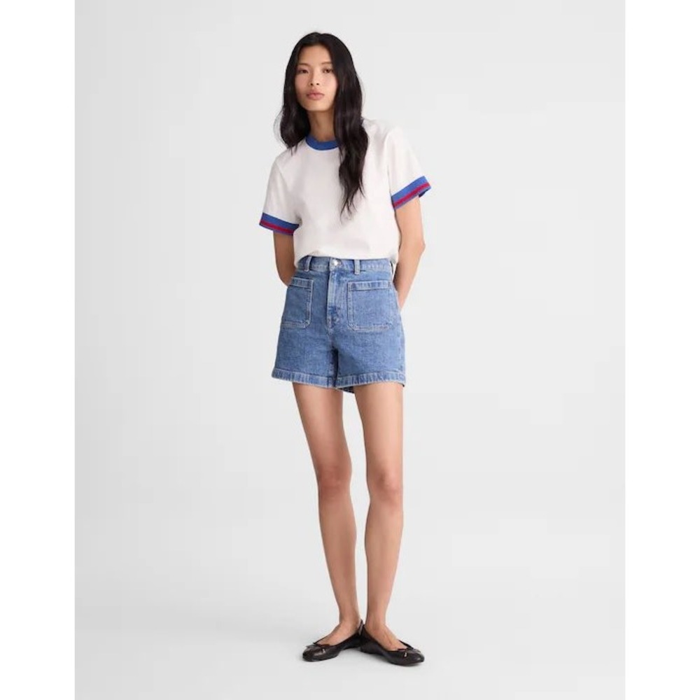 Madewell Womens High Rise Denim Shorts Medium Wash Front Patch Pockets Blue
